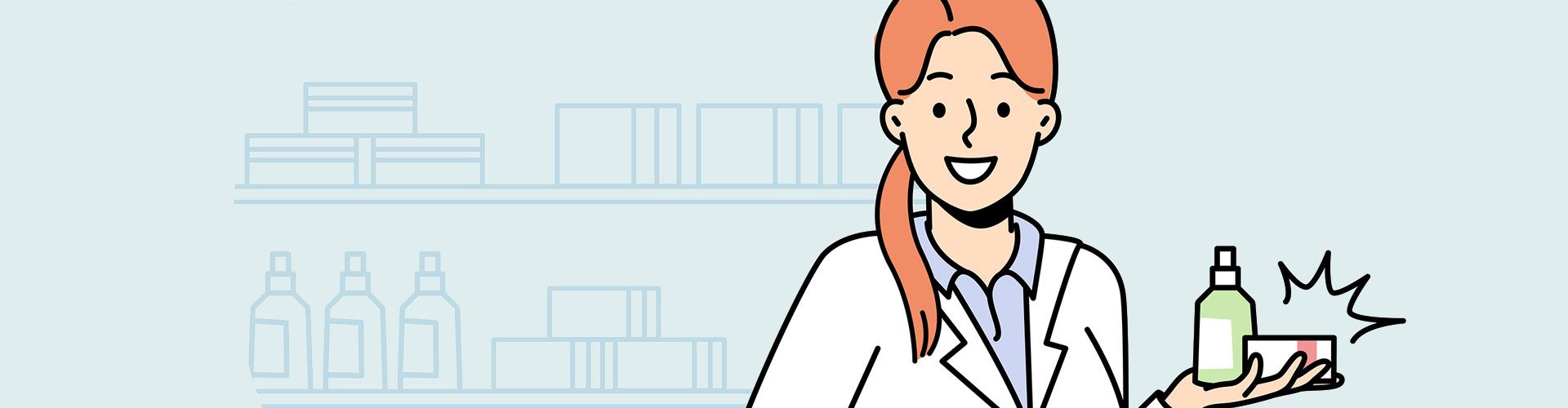Comic-Grafic. Rotharige Frau im weißen Kittel hält Medikamente in der Hand. Blass im Hintergrund sind Regale